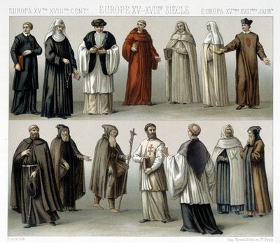 Szerzetesi viseletek Európában a 15-18. századtól. Illusztráció: Racinet „Le costume historique” című könyvében alkotó: Albert Charles August Racinet