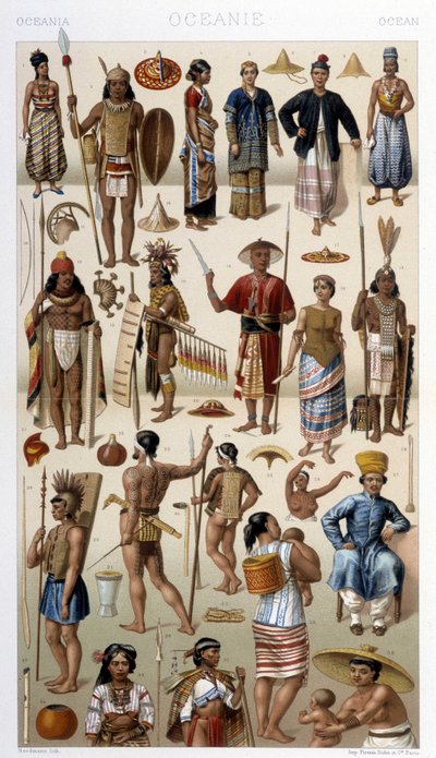 Malajzia és Polinézia (Óceánia) népe. Illusztráció: Racinet „Le costume historique” című könyvében alkotó: Albert Charles August Racinet