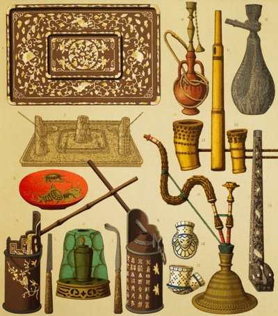Dohányosok által használt pipa és tárgyak, Schmidt litográfiája A teljes viselettörténetből, első kötet, Auguste Racinet (1825-1893), Párizs alkotó: Albert Charles August Racinet