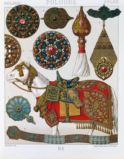 Lengyel díszek, lóhuszárok, Schmidt Costume historique V. kötetéből vett litográfia alkotó: Albert Charles August Racinet