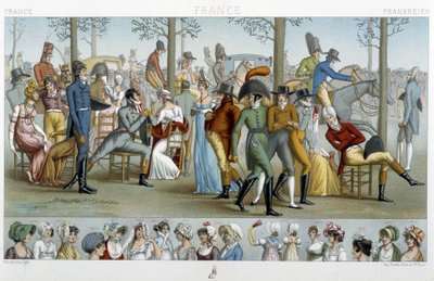 A polgárok Longchamp felé sétálnak, deb. 19. század - Racinet „” Le costume historique” című könyvében alkotó: Albert Charles August Racinet