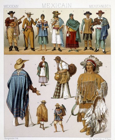 Hagyományos mexikói viseletek. Illusztráció Racinet „A történelmi kosztüm” című művében alkotó: Albert Charles August Racinet