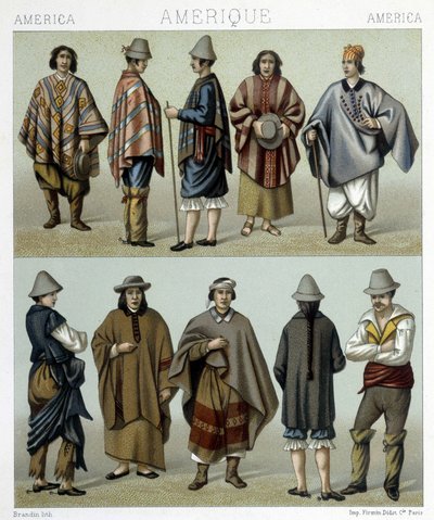 Chilei hagyományos viseletek. Illusztráció Racinet „A történelmi kosztüm” című művében alkotó: Albert Charles August Racinet