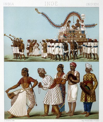 India közlekedése, zene, tánc és népviselet. Illusztráció: Racinet „Le costume historique” című könyvében alkotó: Albert Charles August Racinet