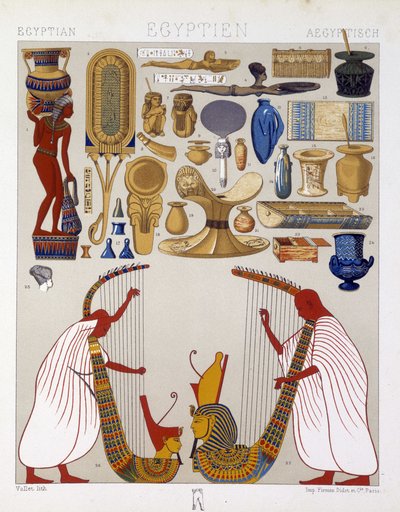 Különféle antik egyiptomi tárgyak - Racinet "" A történelmi kosztümben"" alkotó: Albert Charles August Racinet