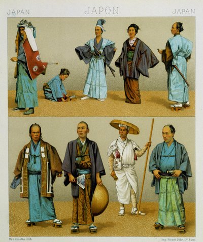 Különféle hagyományos japán férfi jelmezek, beleértve a kimonót. Kromolitográfiai lemez – Racinet „” Le costume historique” című könyvében alkotó: Albert Charles August Racinet