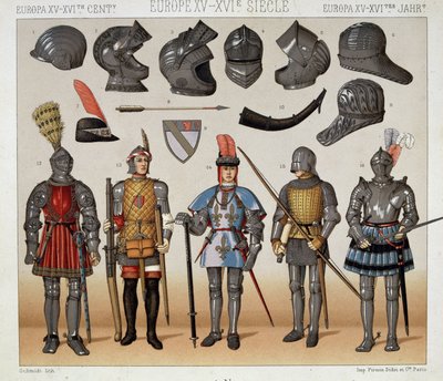 Harcosok a 15-17. században – Racinet „Le costume historique” című könyvében alkotó: Albert Charles August Racinet