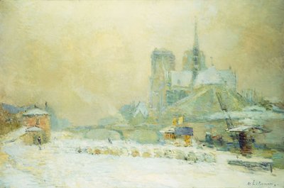 Kilátás a párizsi Notre Dame-ra a Quai de la Tournelle felől: Hóhatás; Notre Dame de Paris, Kilátás a Quai de la Tournelle felől, Hóhatás, alkotó: Albert Charles Lebourg