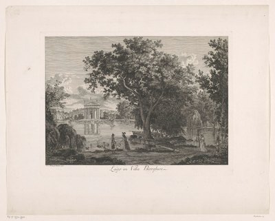 Kilátás a tóra a Villa Borghese épületében Lago a Villa Borghese-nél (cím a tárgyon) Maláj Radirte Prospekte aus Italien (sorozat címe) alkotó: Albert Christoph Dies