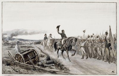 Von Döbeln üdvözli csapatait a „Stolt” című vers tizenötödik versszakából (eredeti rajz a „Stål zászlós történetei” című műhöz) alkotó: Albert Edelfelt
