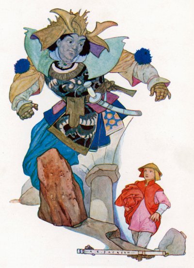 Aladdin véletlenül megdörzsölte a gyűrűjét, és azonnal egy hatalmas termetű és rettenetes dzsinn jelent meg... (színes litográfia) alkotó: Albert Edward Jackson