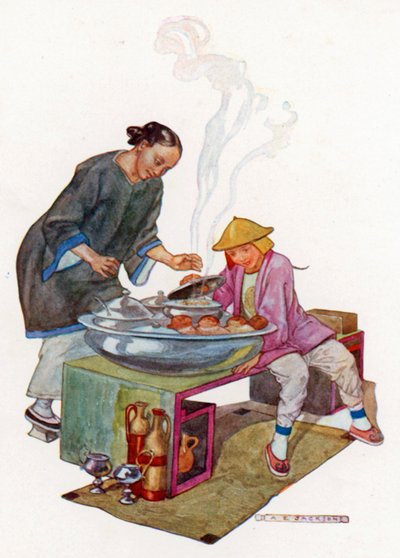 Aladdin anyja megdöbbent, amikor meglátta a nagy medencét, az edényeket, a kenyereket, az üvegeket... (színes litográfia). alkotó: Albert Edward Jackson
