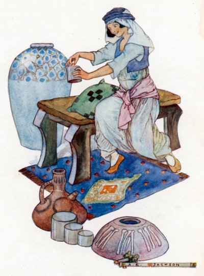 Cassim felesége megdöbbenve látta, hogy egy aranydarab ragadt a mérő aljára (színes lithó) alkotó: Albert Edward Jackson