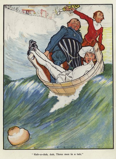 Rub-a-dub, dub, három férfi egy kádban (színes litográfia) alkotó: Albert Edward Jackson
