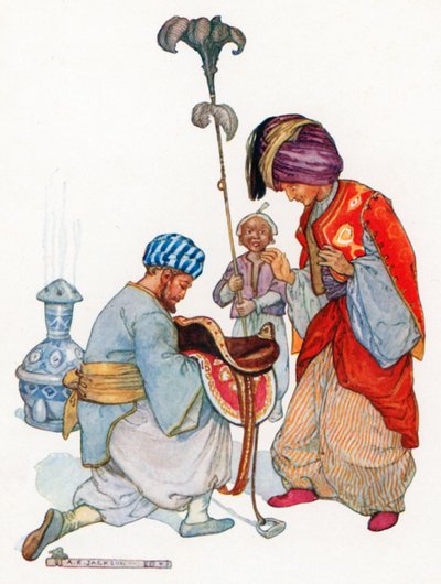 Szindbád bemutatta őket a királynak (színes litográfia) alkotó: Albert Edward Jackson