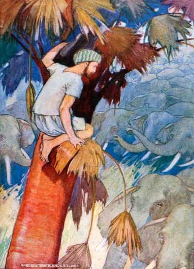 Megközelítették a fámat. "Az elefántok megközelítették a fámat, és körülvették az ormányukkal..." (színes litográfia) alkotó: Albert Edward Jackson