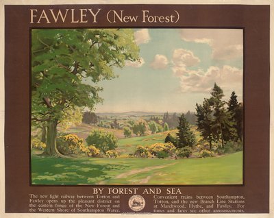 Fawley (New Forest), a Southern Railway-t reklámozó plakát (színes litho) alkotó: Albert George Petherbridge