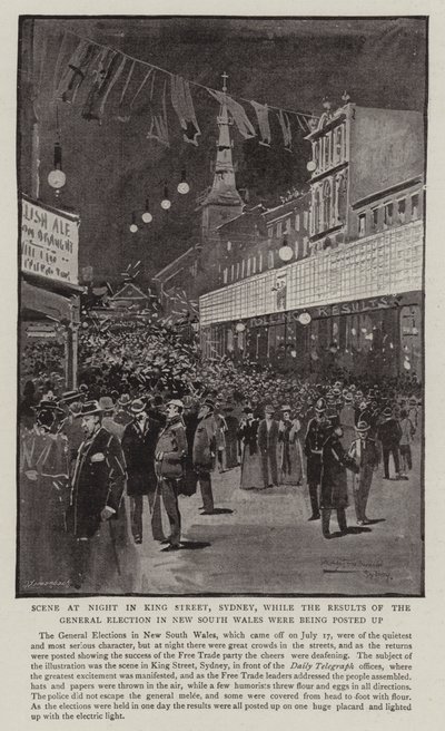 Éjszakai jelenet a sydney-i King Streeten, miközben az új-dél-walesi általános választások eredményeit kifüggesztették. alkotó: Albert Henry Fullwood