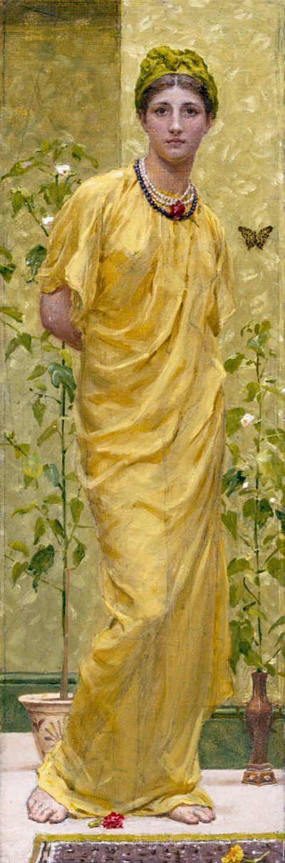 "Sárga rapszódia pillangóval" Sárga rapszódia pillangóval. Fiatal nő sárgába burkolózva. Albert Joseph Moore (1841-1893) (preraffaelita) festménye Magántulajdon. alkotó: Albert Joseph Moore