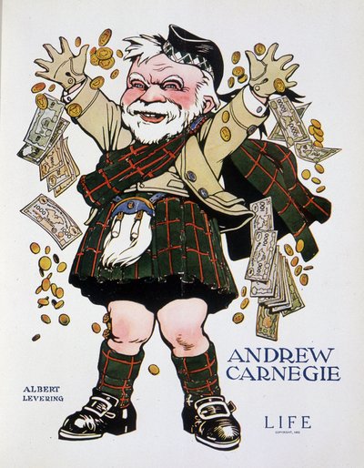 Andrew Carnegie kockás öltönyben és pénzt dobáló portréja – Albert Levering (1869-1929), az „Élet” című filmben, 1905.04.13. alkotó: Albert Levering