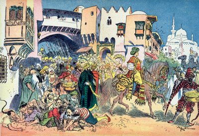Aladdin a város utcáin lovagol, és pénzt dobál körülötte Albert Robida (1848-1926) illusztrációja az „Aladin és a csodálatos lámpa” című meséhez a „” les mille et une nuits” című filmben (illusztráció az „Aladdin” című meséhez ” a „The Book of One Tho alkotó: Albert Robida