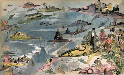 Anticipation: the release of the Paris Opera in 2000, seen by the designer Albert Robida in 1900. Parisians circulate through all kinds of air vehicles. alkotó: Albert Robida