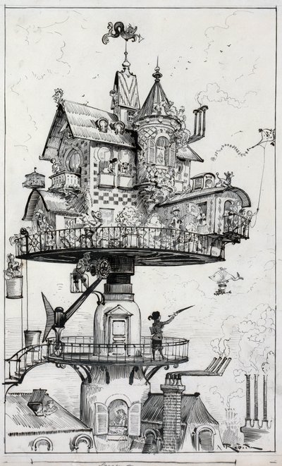 A rajzon egy háztetők fölé emelt, különböző irányú forgásra és beállításra tervezett lakóépület látható, Albert Robida c. 1883 alkotó: Albert Robida