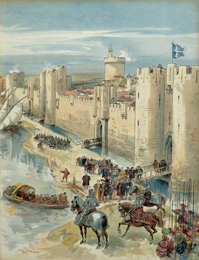 Nyolcadik olasz háború (1536-1538): Aigues Mortes (vagy Aigues Mortes hármasa) interjúja 1538. július 14-én, I. Francois (1494-1547), francia király és V. Károly (1500-1558), spanyol király találkozása és a Szent Római Birodalom császára germán. Illusztrál alkotó: Albert Robida