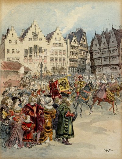 V. Károly (1500-1558) megválasztása Németország császárává 1519. június 28-án. A hét választókortézs Frankfurt (Németország) utcáin fut végig. Ábra alkotó: Albert Robida