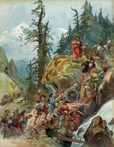 Ötödik olasz háború (1515-1516): I. Francois (1494-1547) serege Olaszországba tartó seregének átkelése az Alpokban 1515 augusztusában a Larche-hágó mellett. Ábra alkotó: Albert Robida