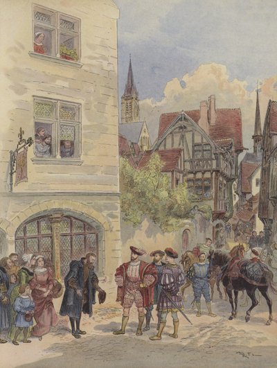 I. Francois-t Estienne fogadja a nyomdája ajtajánál, az Olivier feliratnál, a rue Saint-Jean-de-Beauvais-ban, Párizsban. alkotó: Albert Robida