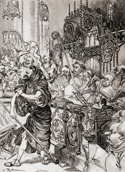Jean des Entommeures testvér megragadja a kereszt bástyáját, vagy John des Entommeures barát a keresztbotot. alkotó: Albert Robida