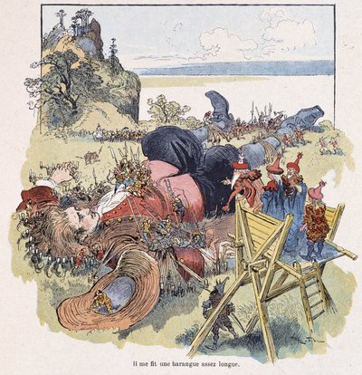 Gullivert megkötözték a liliputiak – Swift „Gulliver Voyages” című művében, ill. írta Robida alkotó: Albert Robida