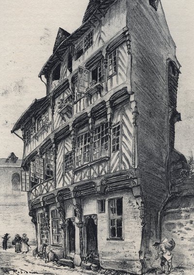 House rue Saint Guillaume Rennes-ben – Ó-Franciaország – Bretagne – Albert Robida (1848-1926) szövegei, rajzai és litográfiái, dátum nélküli 19. század vége alkotó: Albert Robida