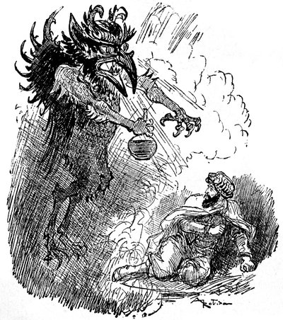 Albert Robida (1848-1926) illusztrációja egy arab legendáról (1001 éjszaka) (Tales of the Thousand and One Night): egy szörnyű démon (gonosz dzsinn) egy üveg borral ajándékoz meg egy férfit. a „Choix de előadások” című könyv metszete Armand Colin 1926. alkotó: Albert Robida