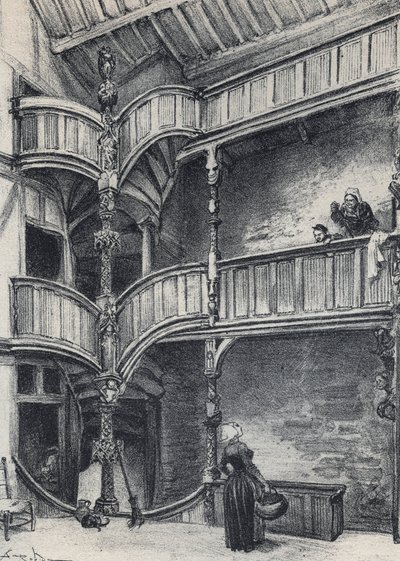 Morlaix-i ház belseje - Ó-Franciaország - Bretagne - szöveg, rajzok és litográfiák, Albert Robida (1848-1926) datálatlan 19. század vége alkotó: Albert Robida