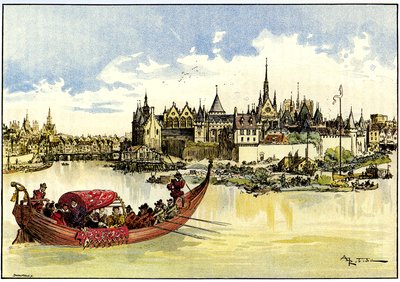 III. Henrik király egy csónakban a Szajna feletti Pont Neuf első kövének elhelyezése Párizsban, május 31. alkotó: Albert Robida