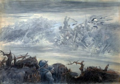 Le combat des ombres: poilus dans une tranchee a kísérteties katonák támadásának elképzelése alkotó: Albert Robida