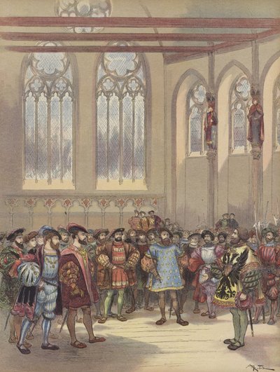 A Charles-Quint által küldött burgundiai hírnököt I. Ferenc fogadja a Parlament nagytermében. alkotó: Albert Robida