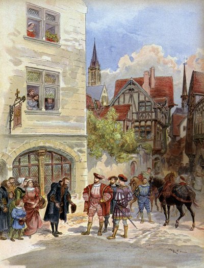 Irodalom. Robert Estienne nyomdász fogadja Francois 1er királyt nyomdájában, Párizsban. Illusztráció: A. Robida: Francois 1er, szerző: A. Todouze, Franciaország alkotó: Albert Robida