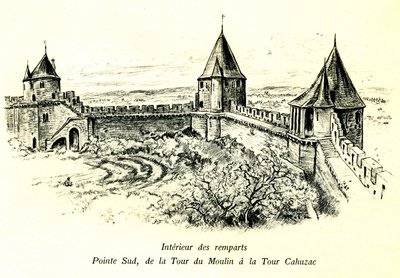 Carcassonne középkori városa (Aude, Languedoc, Cathar Country) - A sáncok belseje, déli csücske, a Moulin-toronytól a Cahuzac-toronyig - a szabadtéri színház helye - Albert Robida (1848-1926) romantikus metszete egy a begiben megjelent könyv alkotó: Albert Robida