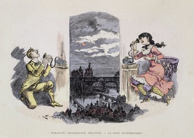 Erkölcs, nyugalom, boldogság - Telefonudvar, Robida karikatúrája, sd. 19. század alkotó: Albert Robida