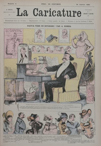 Gyilkosság vagy válás, a „La Caricature” borítója, amely Alexandre Dumas Filst (1824-95) a házassági drámák „szakértőjeként” ábrázolja, 1880. január 1. alkotó: Albert Robida