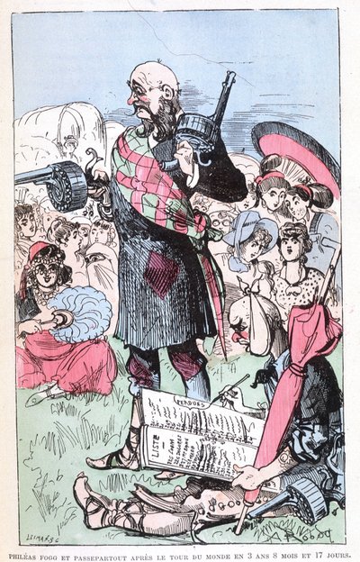 Philéas Fogg és Passepartout a világ körüli körútja után 3 év 8 hónap és 17 nap alatt, Jules Verne paródiája, „” Saturnin Farandoul rendkívüli utazásai a világ 5 vagy 6 pontján és minden olyan országban, amelyet Mr. ismer vagy nem ismert. Jules Verne”” sze alkotó: Albert Robida