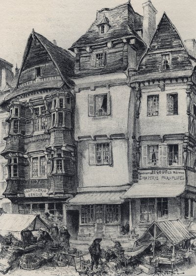 Place du marche Lannionban - Ó-Franciaország - Bretagne - szövegek, rajzok és litográfiák, Albert Robida (1848-1926) datálatlan 19. század vége alkotó: Albert Robida