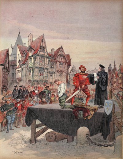 Saint Vallier megkegyelmezett a bitófán, illusztráció a "Francois Ier: Le Roi Chevalier, George G. Toudouze, kiad. 1909 alkotó: Albert Robida