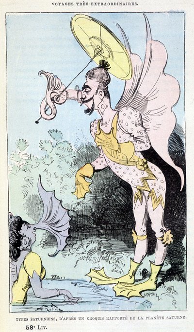 Szaturnusz-típusok a Szaturnusz bolygóról közölt vázlatból (pszeudoantropológiai groteszk szörnyek), Jules Verne paródiája, „” Saturnin Farandoul rendkívüli utazásai a világ 5 vagy 6 részén és az összes M által ismert vagy ismeretlen országban. alkotó: Albert Robida