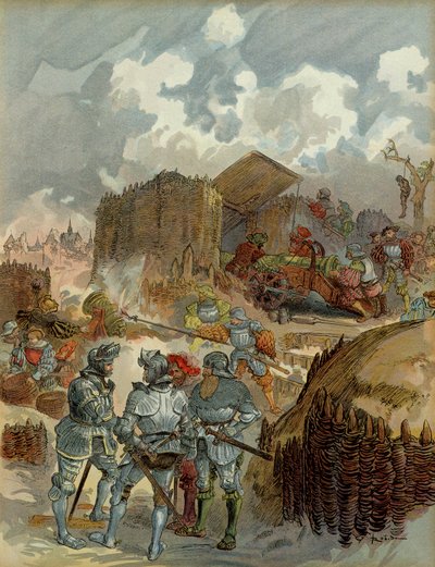 Hatodik olasz háború (1521-1526): Pierre Terrail de Bayard (1476-1524) a mezieresi főhadiszálláson 1521-ben. Illusztráció alkotó: Albert Robida