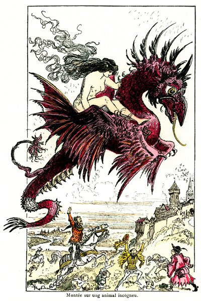 Succubus: női démon (nő - nő) sárkányon lovagolva - Albert Robida illusztrációja Honore de Balzac Drolatic Tales című könyvéhez - XX. század eleje alkotó: Albert Robida