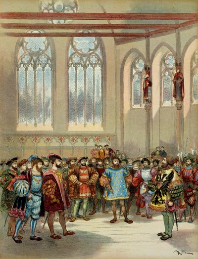 Az V. Károly (1500-1558) által küldött burgundi heraut I. Ferenc (1494-1547) fogadta a párizsi Parliamentarom nagytermében, a 16. század első felében. Ábra alkotó: Albert Robida